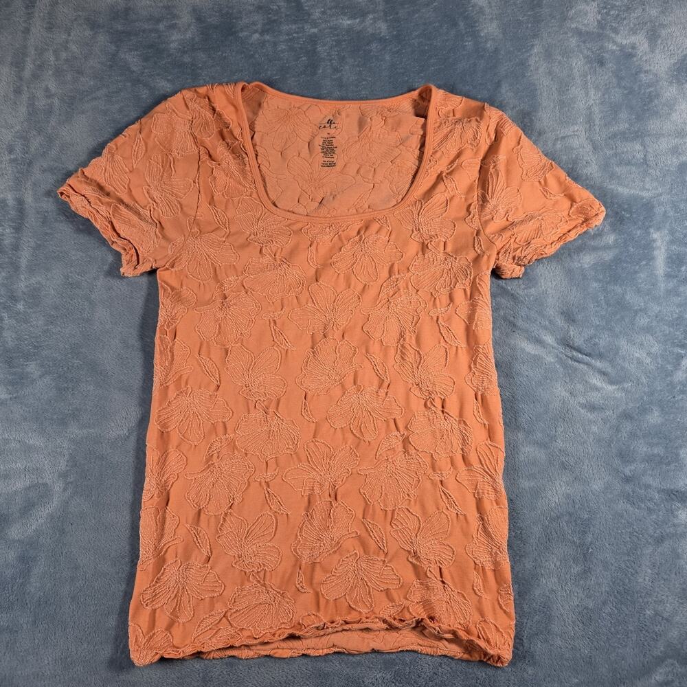 BKE Core Women’s M/L Coral Orange Floral Textured Stretch Short Sleeve Top